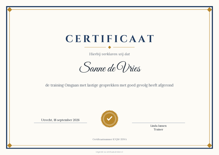 Voorbeeld van een certificaat in het ontwerp Klassiek voor Sanne de Vries