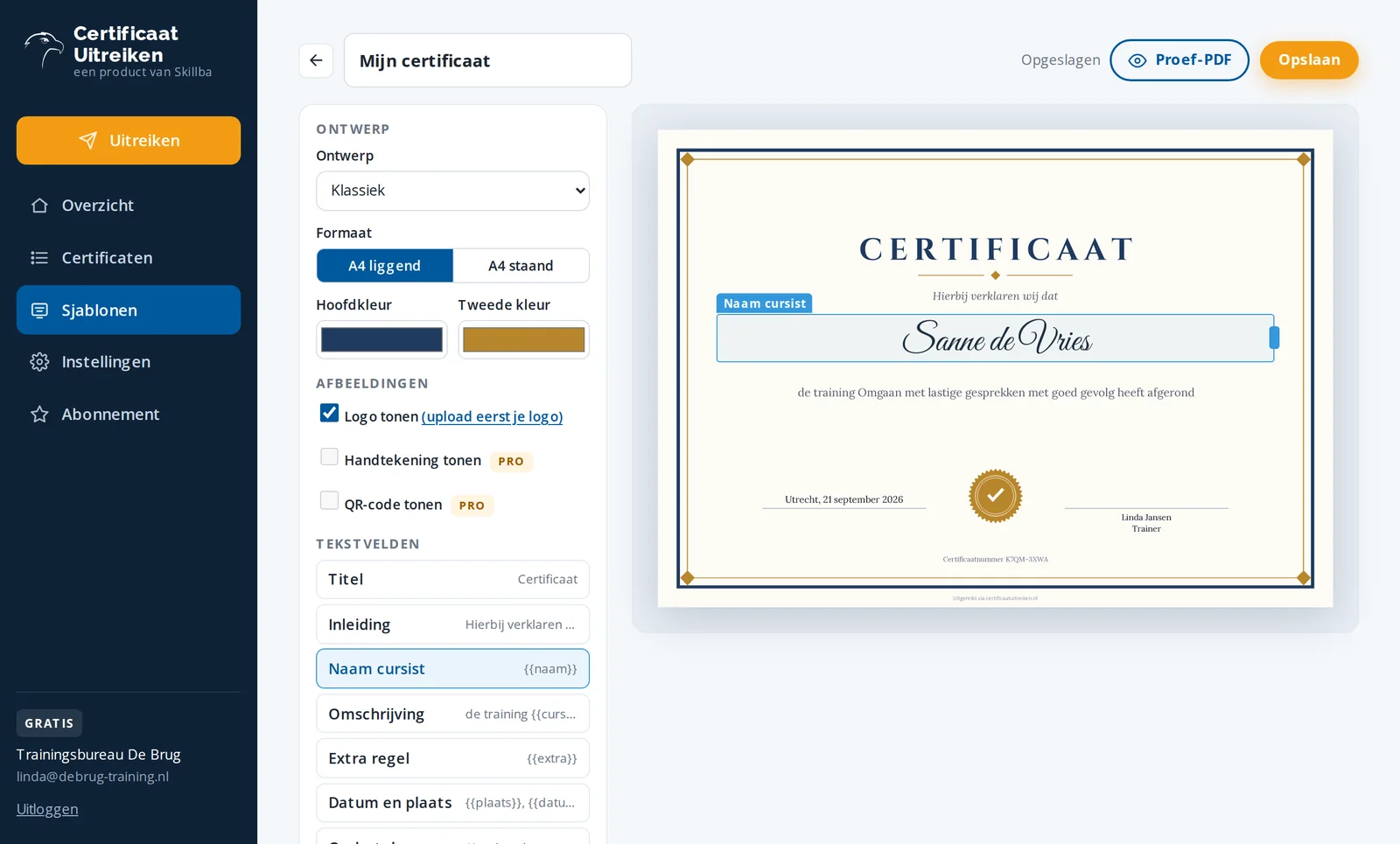 De editor van Certificaat Uitreiken met instellingen links en het certificaat rechts